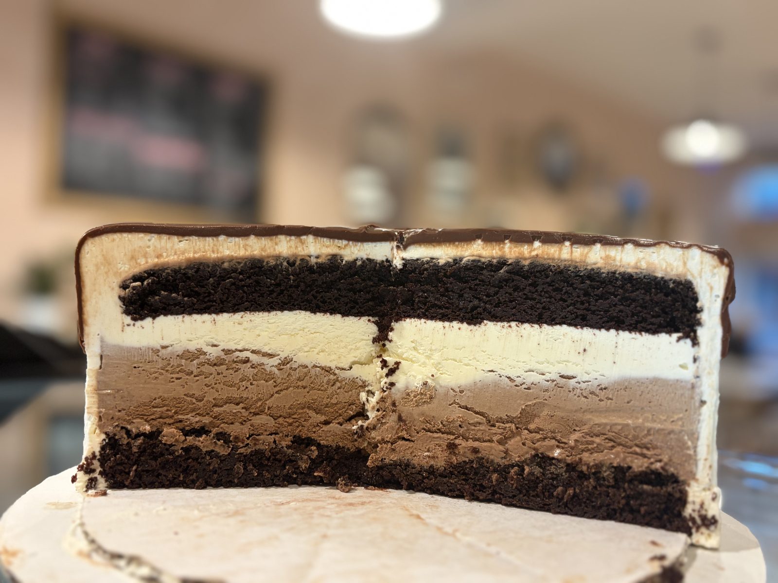 Chocolate mousse cake, cut to show the layers
